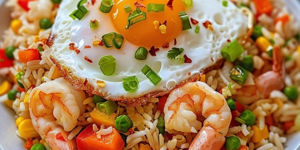 Rainbow fried Rice with Prawns & Fried Eggs