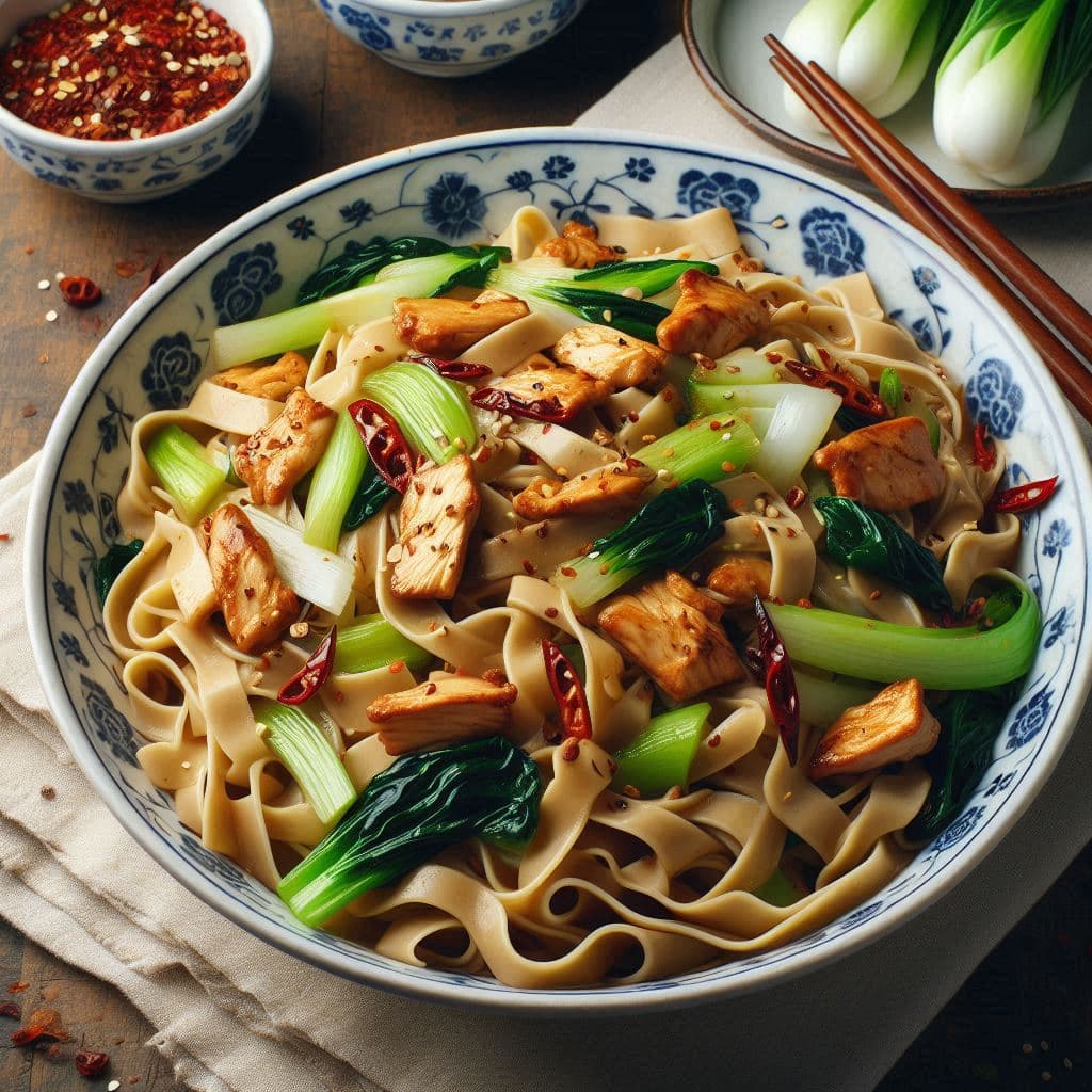 A bowl of flat noodles mixed with pieces of chicken, bok choy, and red chili slices, garnished with sesame seeds. 