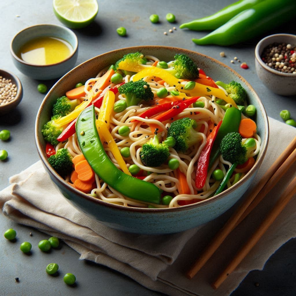 A bowl of vegetable and pepper noodles, a delicious and colorful dish.