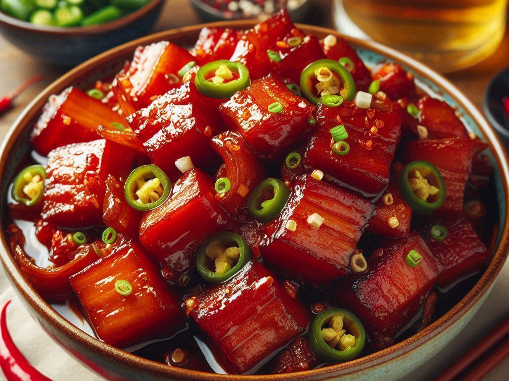 Red Braised Ginger Pork Belly with Pickled Chilies 